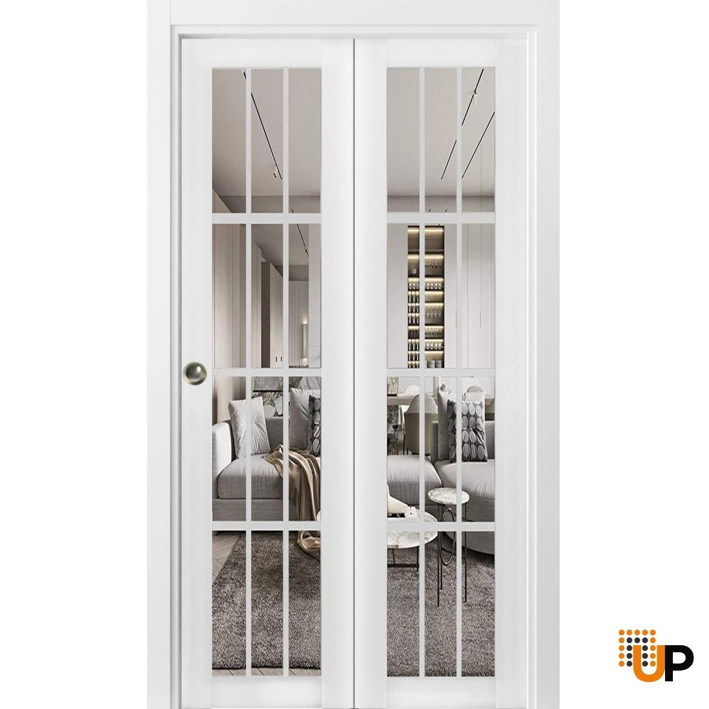 2 folding panels solid core sliding french interior bi-fold door with clear glass | Felicia 3355 White | 36 x 80 (2* 18x80) photo#1