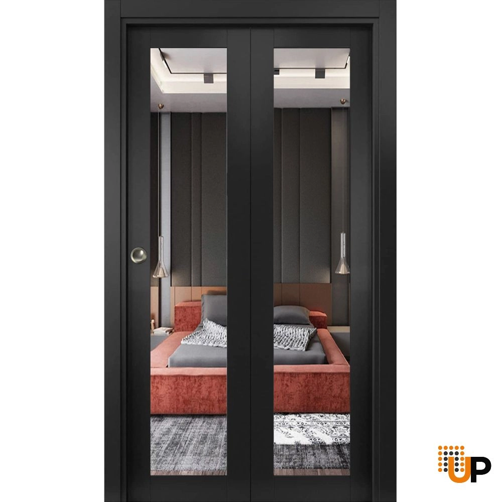2 folding panels solid core sliding french interior bi-fold door with mirror glass | Lucia 1299 Black Matte | 36 x 80 (2* 18x80) photo#1