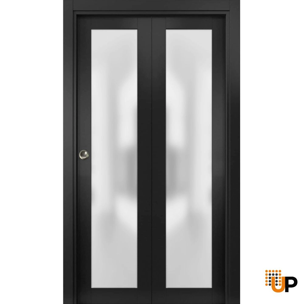2 folding panels solid core sliding french interior bi-fold door with frosted glass | Planum 2102 Black Matte | 36 x 80 (2* 18x80) photo#1