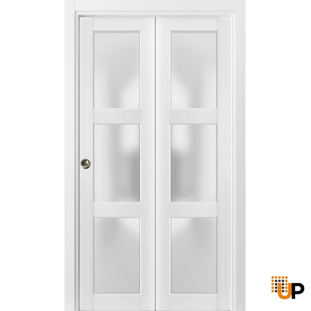 2 folding panels solid core sliding french interior bi-fold door with frosted glass | Lucia 2552 White | 36 x 80 (2* 18x80) photo#1