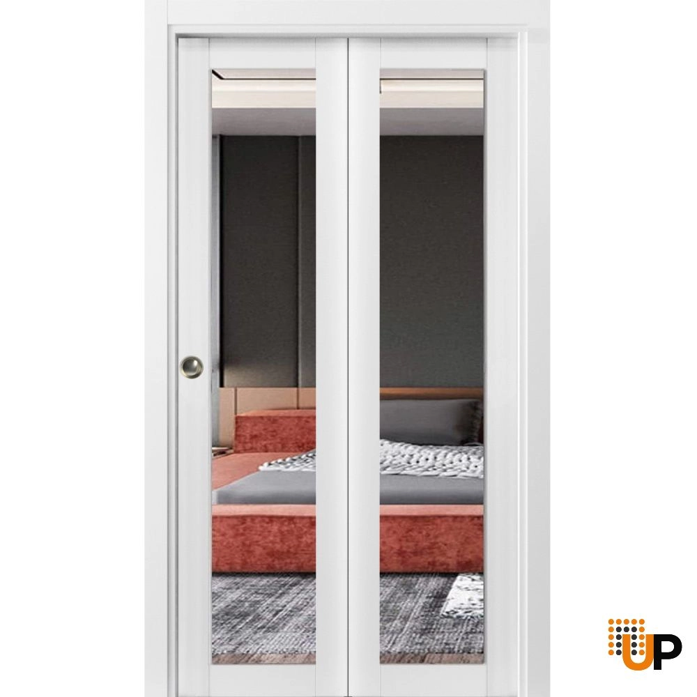 2 folding panels solid core sliding french interior bi-fold door with mirror glass | Lucia 1299 White | 36 x 80 (2* 18x80) photo#1