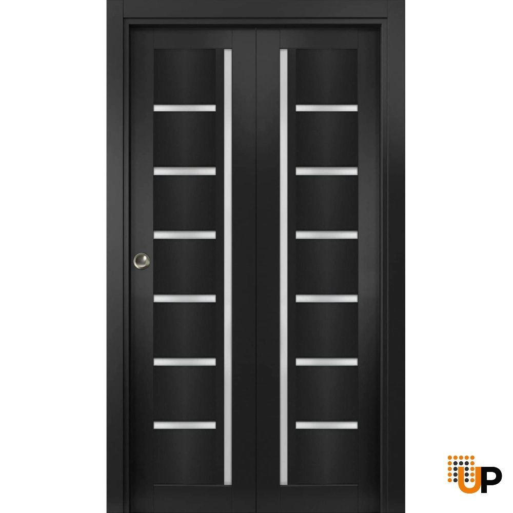 2 folding panels mdf sliding modern interior bi-fold door with frosted glass | Quadro 4088  Black Matte | 36 x 80 (2* 18x80) photo#1