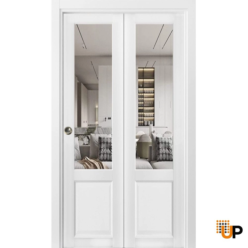 2 folding panels solid core sliding french interior bi-fold door with clear glass | Lucia 1533 White | 36 x 80 (2* 18x80) photo#1
