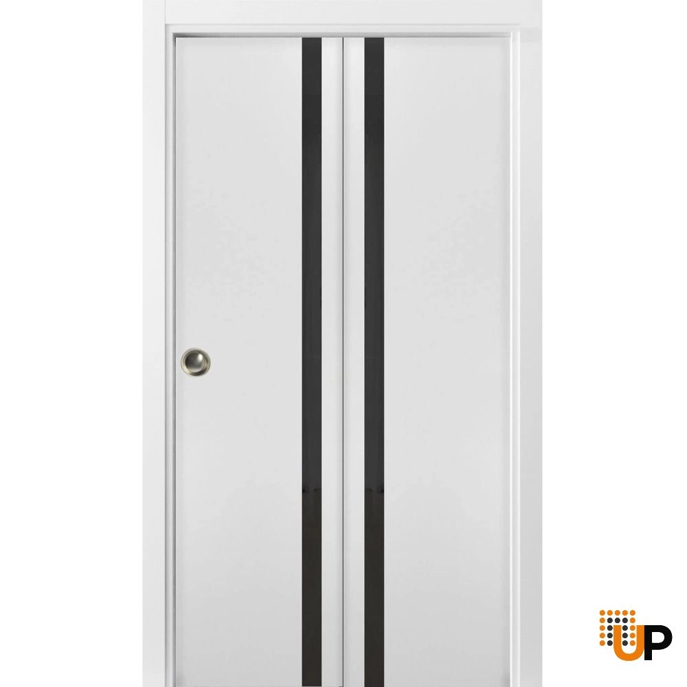 2 folding panels solid core sliding modern interior bi-fold door with black glass | Planum 0040 White | 36 x 80 (2* 18x80) photo#1