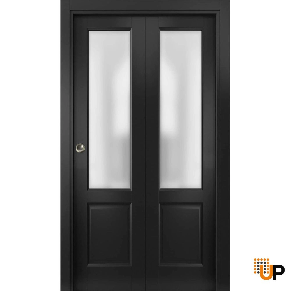 2 folding panels solid core sliding french interior bi-fold door with frosted glass | Lucia 22 Black Matte | 36 x 80 (2* 18x80) photo#1