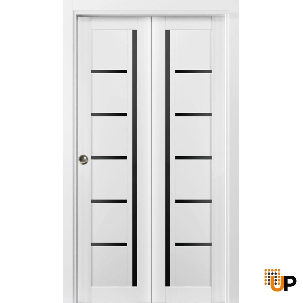 2 folding panels mdf sliding modern interior bi-fold door with black glass | Quadro 4588 White | 36 x 80 (2* 18x80) photo#1