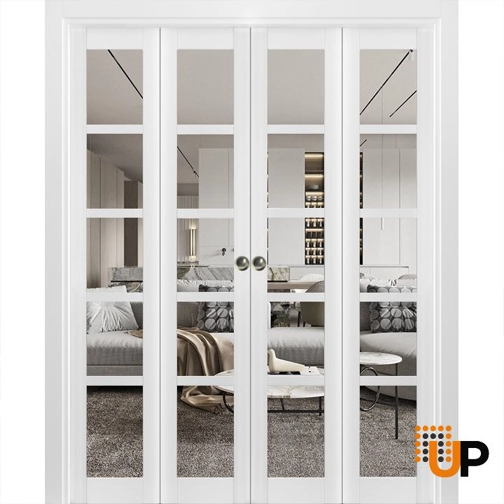 4 folding panels mdf sliding french interior bi-fold double door with clear glass | Quadro 4522 White | 72 x 80 (4* 18x80) photo#1