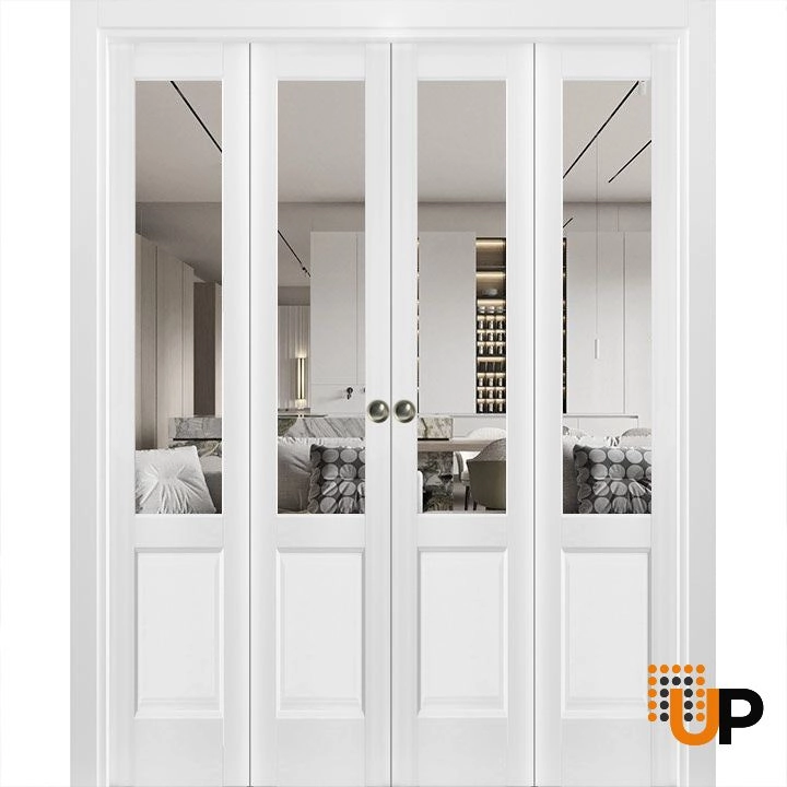 4 folding panels solid core sliding french interior bi-fold double door with clear glass | Lucia 1533 White | 72 x 80 (4* 18x80) photo#1