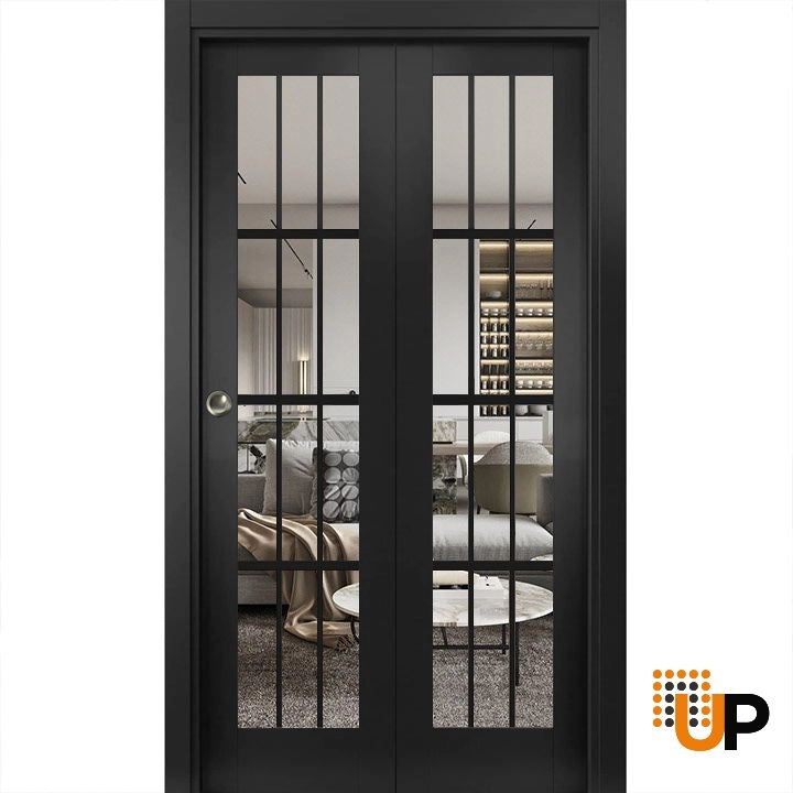 2 folding panels solid core sliding french interior bi-fold door with clear glass | Felicia 3355 Black Matte | 36 x 80 (2* 18x80) photo#1