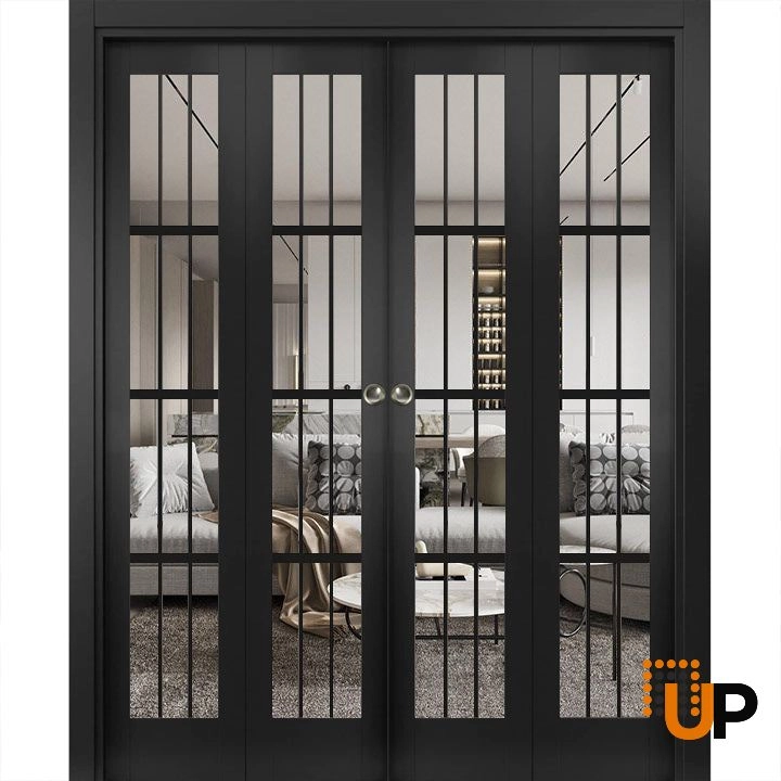 4 folding panels solid core sliding french interior bi-fold double door with clear glass | Felicia 3355 Black Matte | 72 x 80 (4* 18x80) photo#1