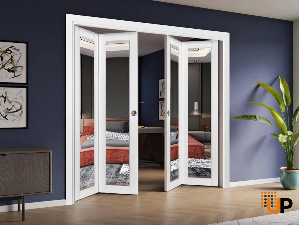 4 folding panels solid core sliding french interior bi-fold double door with mirror glass | Lucia 1299 White | 72 x 80 (4* 18x80) photo#2