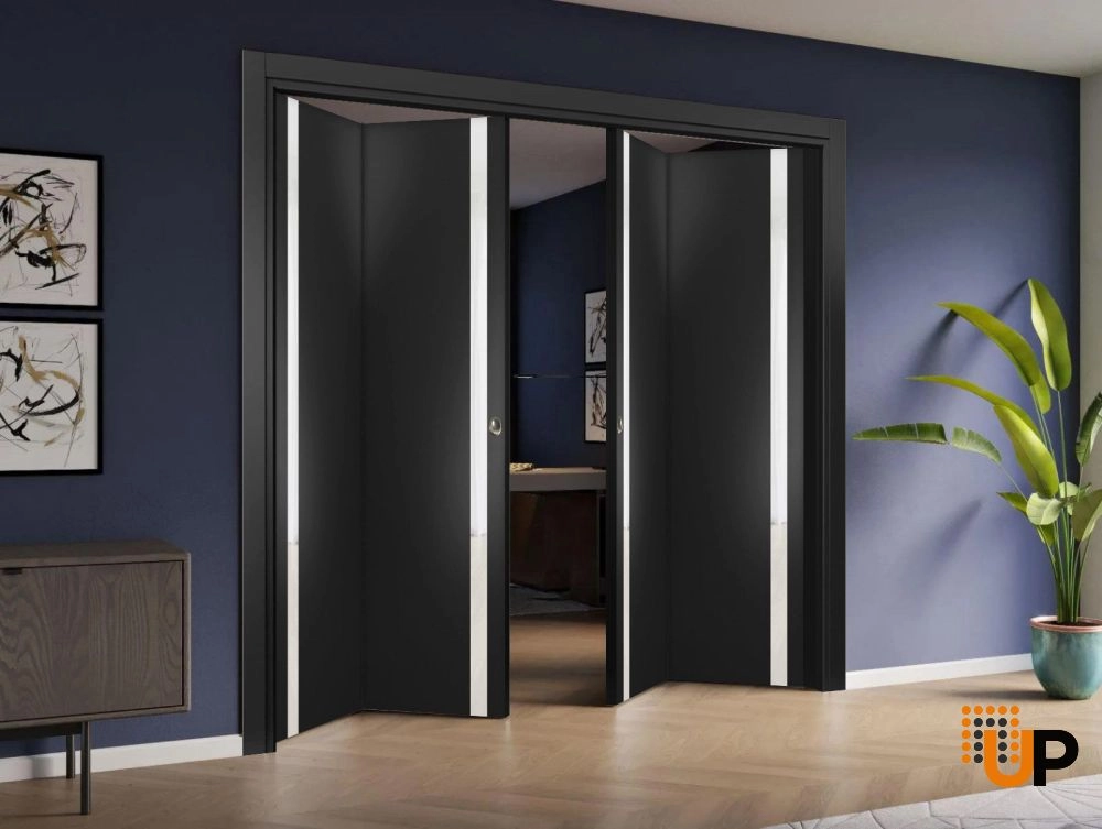 4 folding panels solid core sliding modern interior bi-fold double door | Planum 0040 Black Matte | 72 x 80 (4* 18x80) photo#2