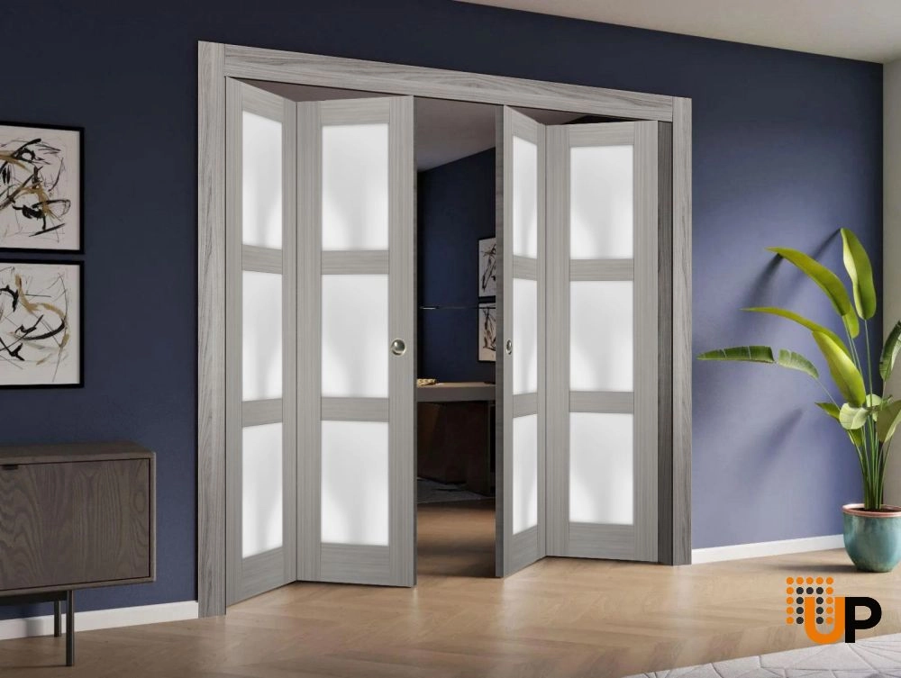 4 folding panels solid core sliding french interior bi-fold double door with frosted glass | Lucia 2552 Ginger Ash | 72 x 80 (4* 18x80) photo#2