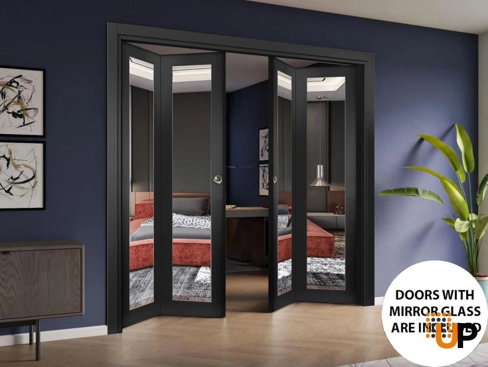 4 folding panels solid core sliding french interior bi-fold double door with mirror glass | Lucia 1299 Black Matte | 72 x 80 (4* 18x80) photo#2