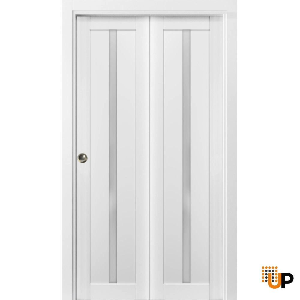 2 folding panels mdf sliding modern interior bi-fold door with frosted glass | Quadro 4112 White | 36 x 80 (2* 18x80) photo#1