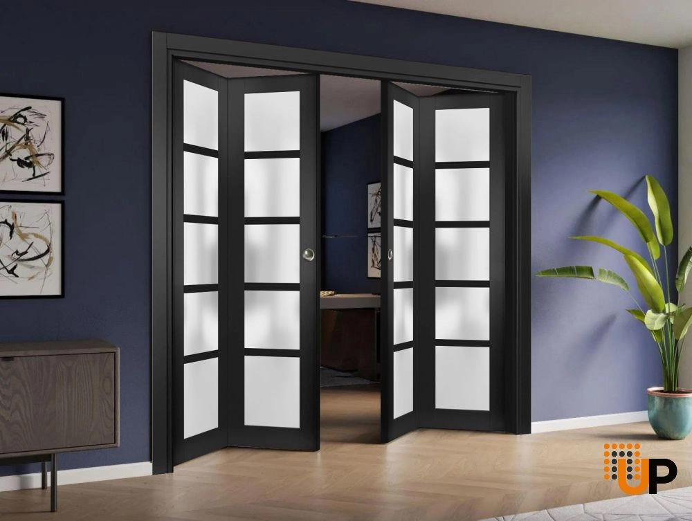 4 folding panels mdf sliding french interior bi-fold double door with frosted glass | Quadro 4002  Black Matte | 72 x 80 (4* 18x80) photo#2