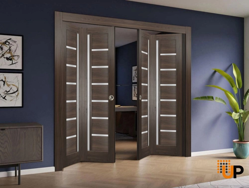 4 folding panels mdf sliding modern interior bi-fold double door with frosted glass | Quadro 4088  Chocolate Ash | 72 x 80 (4* 18x80) photo#2