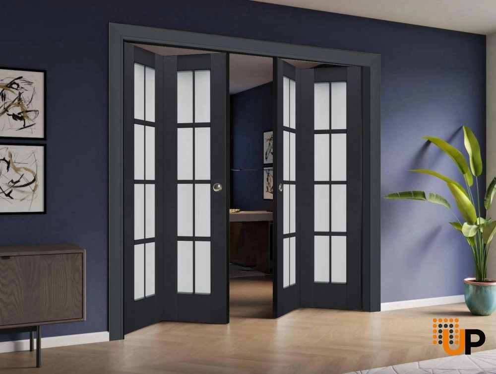 4 folding panels laminate sliding french interior bi-fold double door with frosted glass | Veregio 7412 Antracite | 72 x 80 (4* 18x80) photo#2
