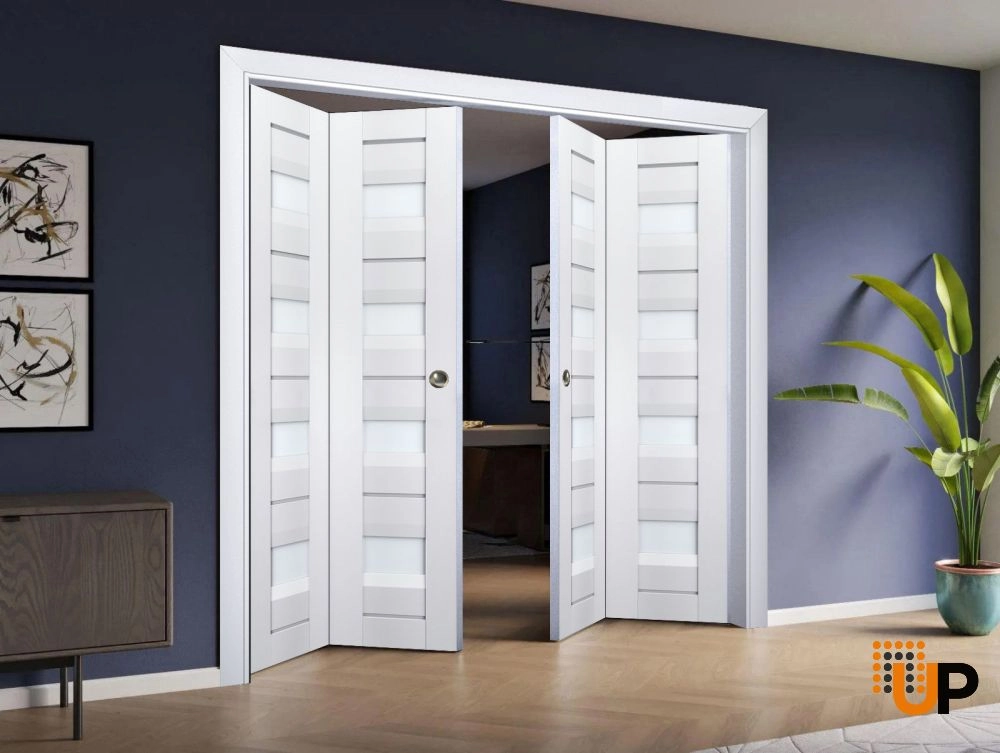 4 folding panels laminate sliding modern interior bi-fold double door with frosted glass | Veregio 7455 White | 72 x 80 (4* 18x80) photo#2