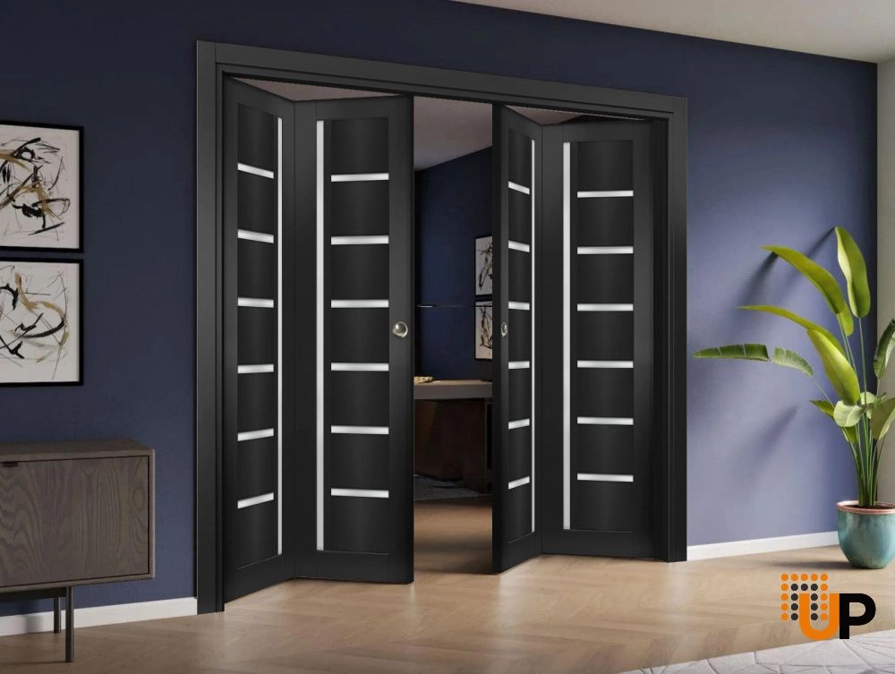 4 folding panels mdf sliding modern interior bi-fold double door with frosted glass | Quadro 4088  Black Matte | 72 x 80 (4* 18x80) photo#2