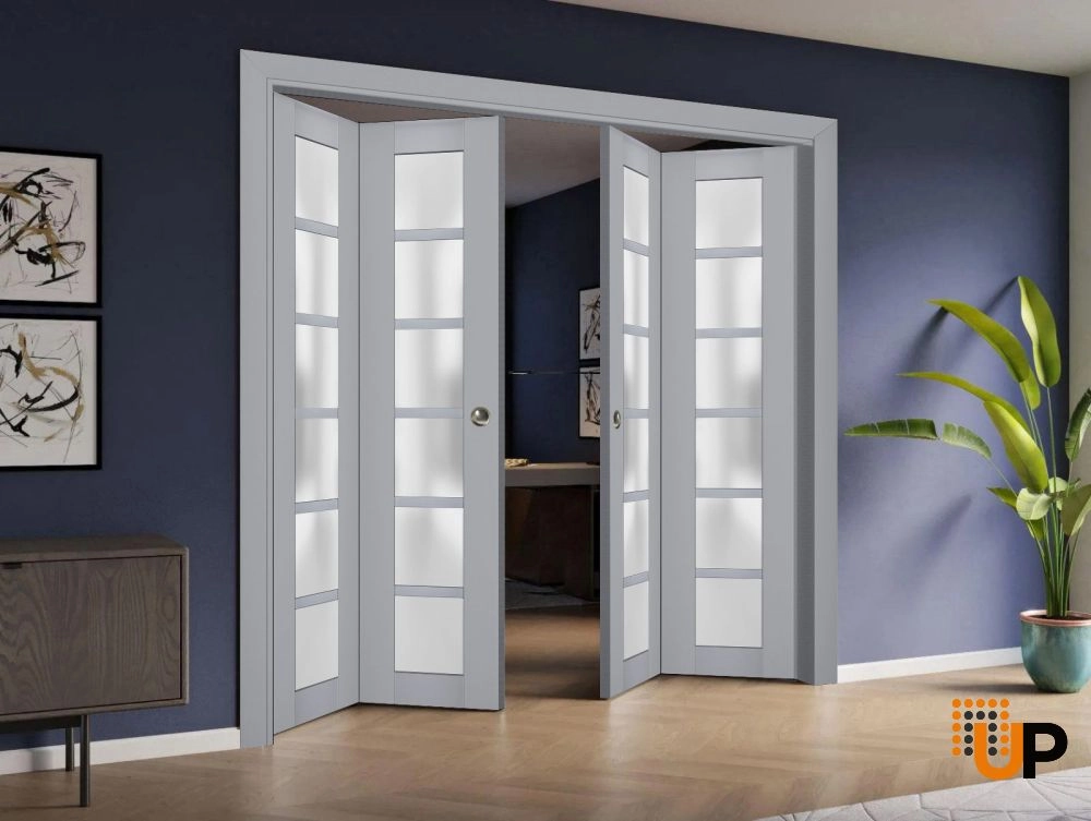 4 folding panels laminate sliding french interior bi-fold double door with frosted glass | Veregio 7602 Matte Grey | 72 x 80 (4* 18x80) photo#2