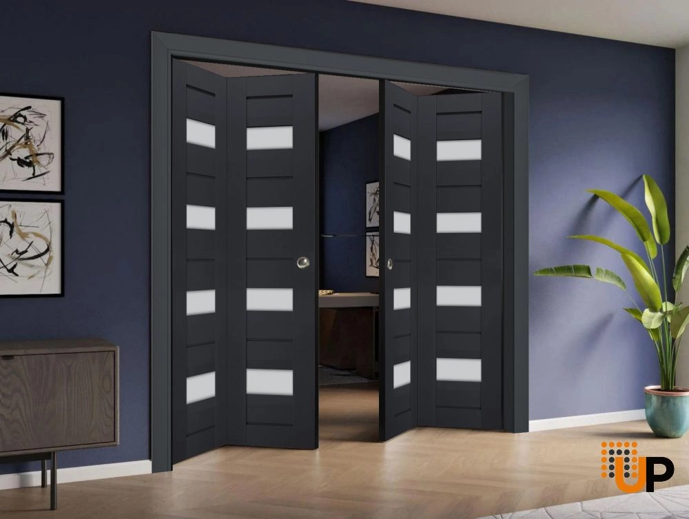 4 folding panels laminate sliding modern interior bi-fold double door with frosted glass | Veregio 7455 Antracite | 72 x 80 (4* 18x80) photo#2
