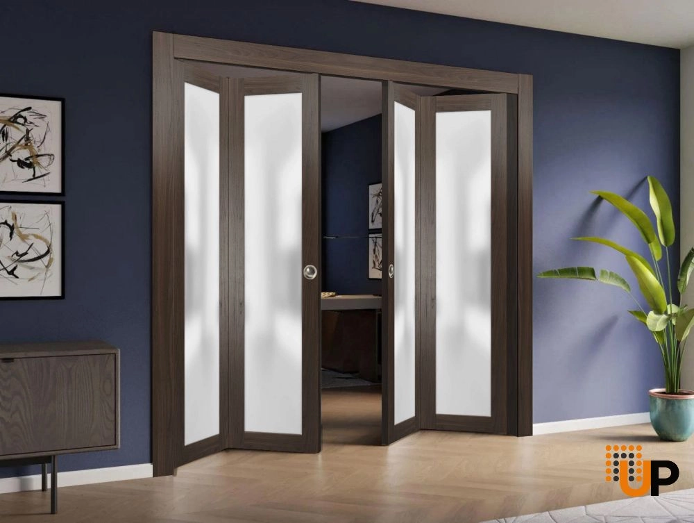 4 folding panels solid core sliding french interior bi-fold double door with frosted glass | Planum 2102 Chocolate Ash | 72 x 80 (4* 18x80) photo#2