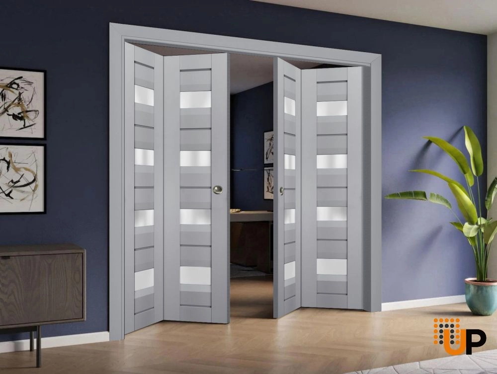 4 folding panels laminate sliding modern interior bi-fold double door with frosted glass | Veregio 7455 Matte Grey | 72 x 80 (4* 18x80) photo#2