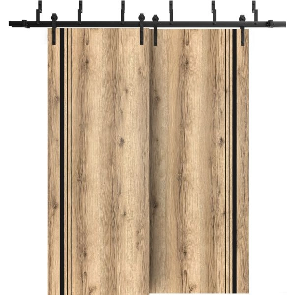 Barn Bypass Doors with 6.6ft Hardware | Planum 0011 Oak and Aluminum Strips | Sturdy Heavy Duty Rails Kit Steel Set | Double Sliding Door