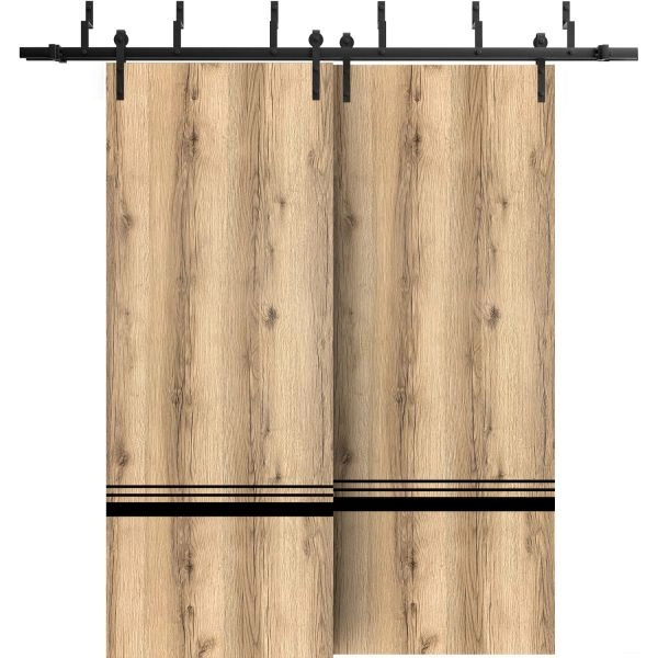Barn Bypass Doors with 6.6ft Hardware | Planum 0012 Oak and Aluminum Strips | Sturdy Heavy Duty Rails Kit Steel Set | Double Sliding Door