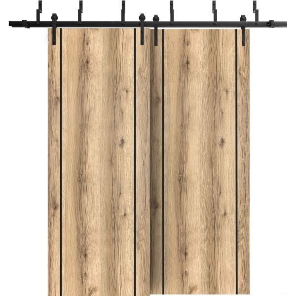 Barn Bypass Doors with 6.6ft Hardware | Planum 0017 Oak and Aluminum Strips | Sturdy Heavy Duty Rails Kit Steel Set | Double Sliding Door-36" x 80" (2* 18x80)