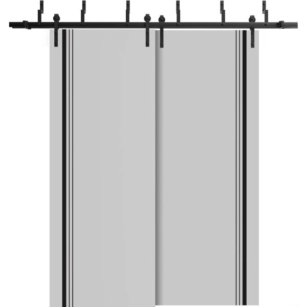 Barn Bypass Doors with 6.6ft Hardware | Planum 0011 Matte Grey and Aluminum Strips | Sturdy Heavy Duty Rails Kit Steel Set | Double Sliding Door