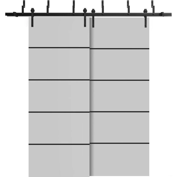 Barn Bypass Doors with 6.6ft Hardware | Planum 0015 Matte Grey and Aluminum Strips | Sturdy Heavy Duty Rails Kit Steel Set | Double Sliding Door