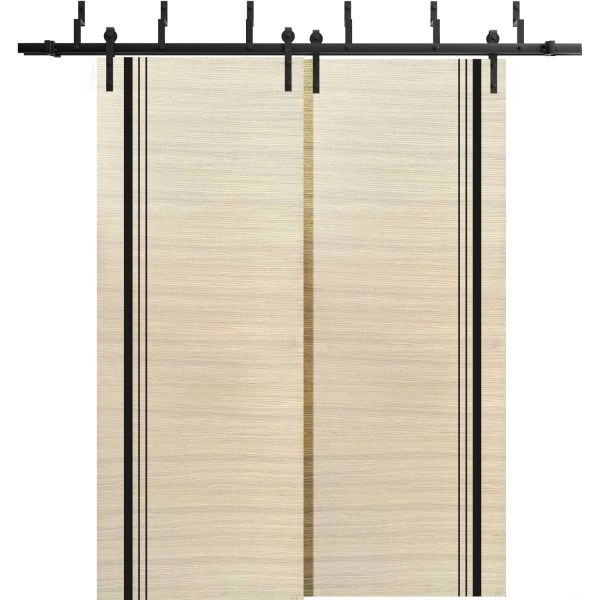 Barn Bypass Doors with 6.6ft Hardware | Planum 0011 Natural Veneer and Aluminum Strips | Sturdy Heavy Duty Rails Kit Steel Set | Double Sliding Door