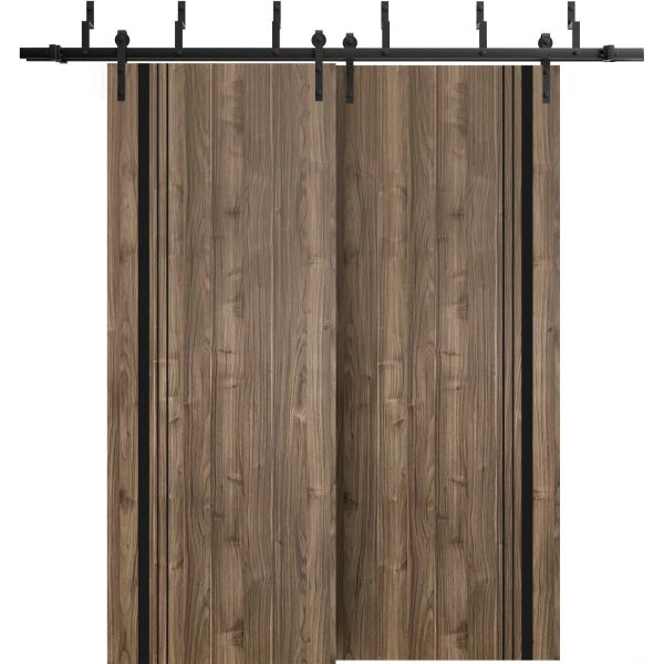 Barn Bypass Doors with 6.6ft Hardware | Planum 0011 Walnut and Aluminum Strips | Sturdy Heavy Duty Rails Kit Steel Set | Double Sliding Door