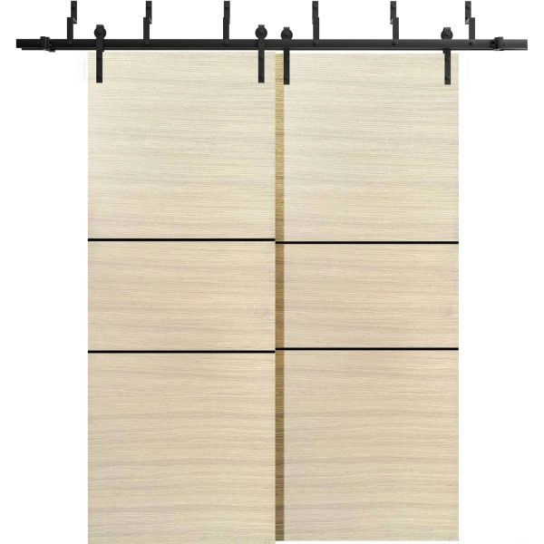Barn Bypass Doors with 6.6ft Hardware | Planum 0014 Natural Veneer and Aluminum Strips | Sturdy Heavy Duty Rails Kit Steel Set | Double Sliding Door