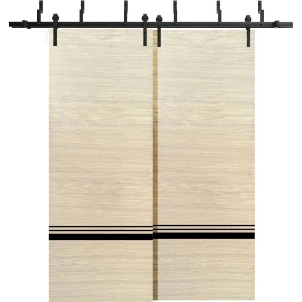 Barn Bypass Doors with 6.6ft Hardware | Planum 0012 Natural Veneer and Aluminum Strips | Sturdy Heavy Duty Rails Kit Steel Set | Double Sliding Door