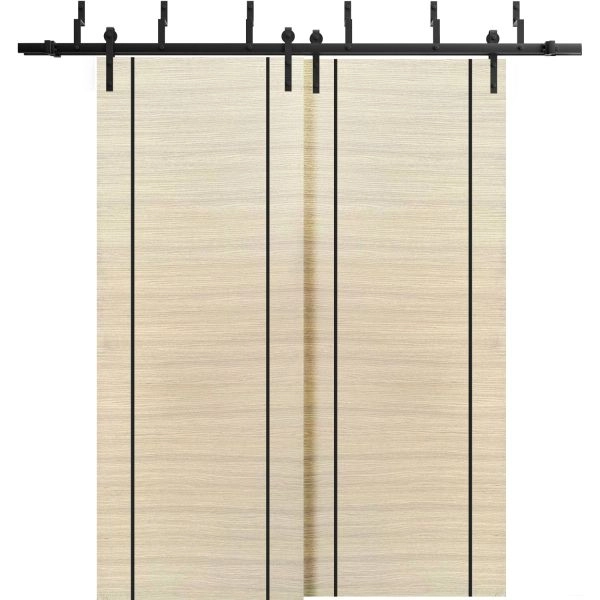 Barn Bypass Doors with 6.6ft Hardware | Planum 0017 Natural Veneer and Aluminum Strips | Sturdy Heavy Duty Rails Kit Steel Set | Double Sliding Door-36" x 80" (2* 18x80)