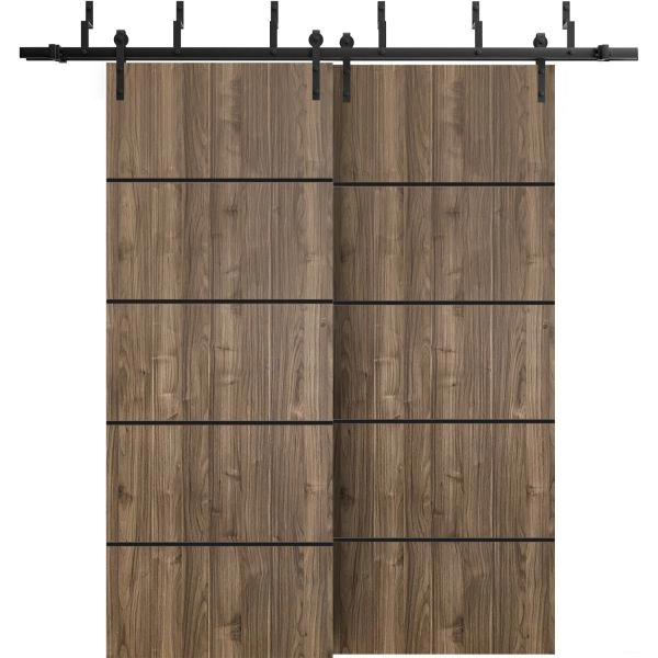Barn Bypass Doors with 6.6ft Hardware | Planum 0015 Walnut and Aluminum Strips | Sturdy Heavy Duty Rails Kit Steel Set | Double Sliding Door