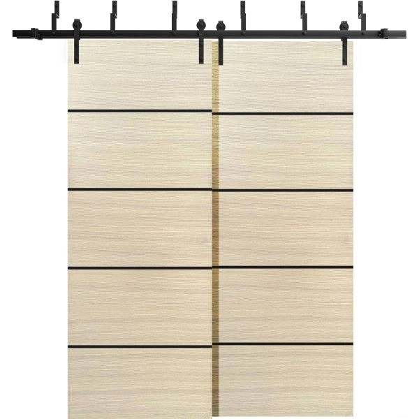 Barn Bypass Doors with 6.6ft Hardware | Planum 0015 Natural Veneer and Aluminum Strips | Sturdy Heavy Duty Rails Kit Steel Set | Double Sliding Door