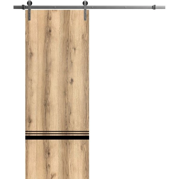 Sliding Barn Door with 6.6ft Hardware | Planum 0012 Oak and Aluminum Strips | Rail Hangers Sturdy Silver Set | Modern Solid Panel Interior Doors