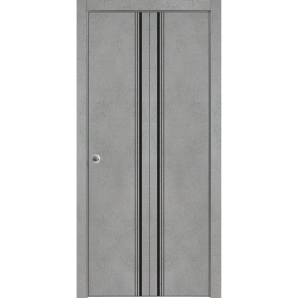 Sliding Closet Bi-fold Doors | Planum 0011 Concrete and Aluminum Strips | Sturdy Tracks Moldings Trims Hardware Set | Wood Solid Bedroom Wardrobe Doors