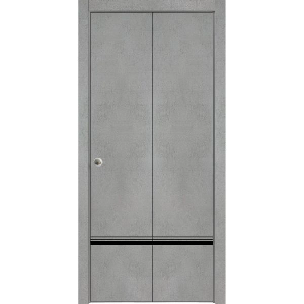 Sliding Closet Bi-fold Doors | Planum 0012 Concrete and Aluminum Strips | Sturdy Tracks Moldings Trims Hardware Set | Wood Solid Bedroom Wardrobe Doors