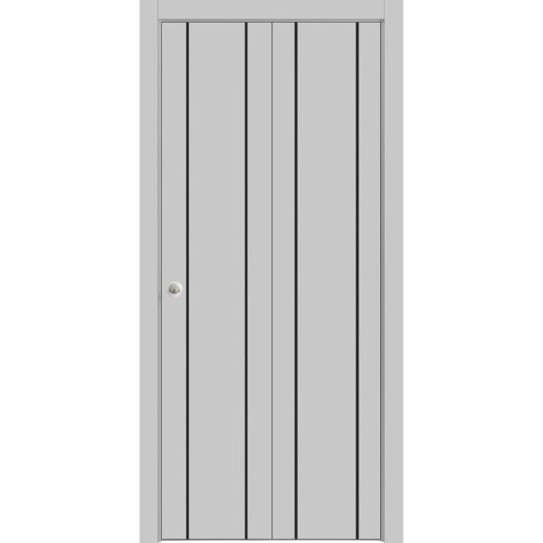 Sliding Closet Bi-fold Doors | Planum 0017 Matte Grey and Aluminum Strips | Sturdy Tracks Moldings Trims Hardware Set | Wood Solid Bedroom Wardrobe Doors