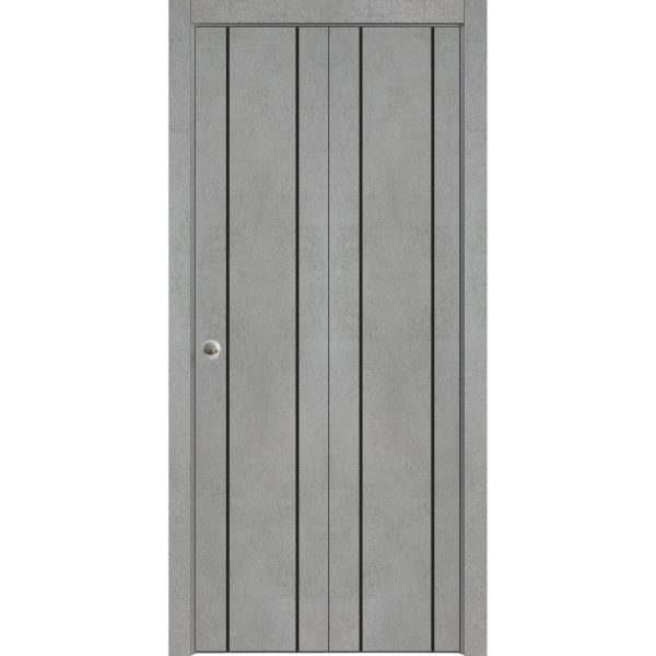 Sliding Closet Bi-fold Doors | Planum 0017 Concrete and Aluminum Strips | Sturdy Tracks Moldings Trims Hardware Set | Wood Solid Bedroom Wardrobe Doors
