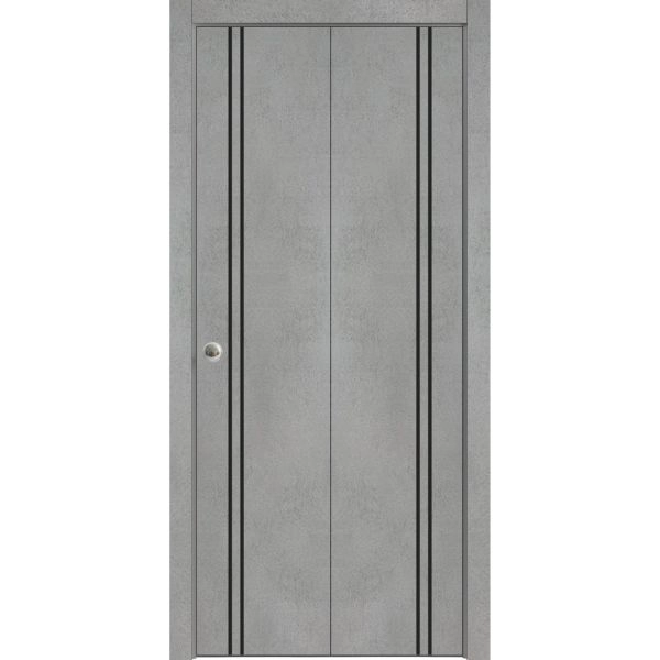 Sliding Closet Bi-fold Doors | Planum 0016 Concrete and Aluminum Strips | Sturdy Tracks Moldings Trims Hardware Set | Wood Solid Bedroom Wardrobe Doors