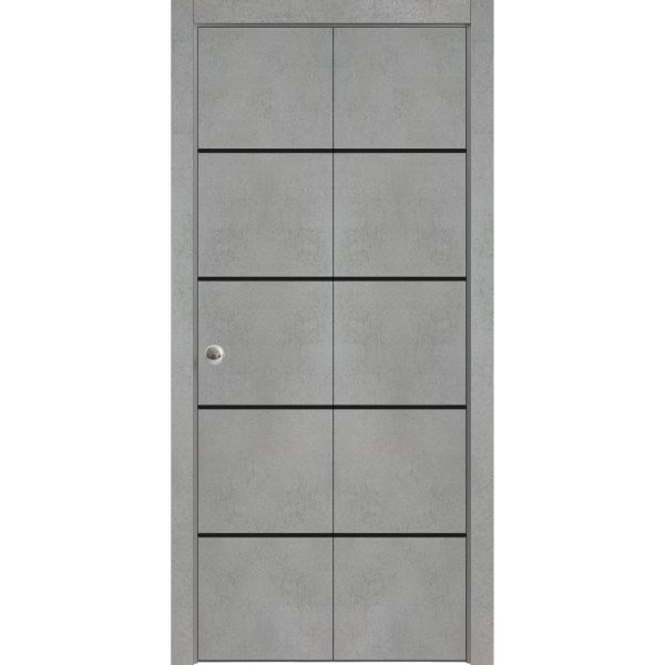 Sliding Closet Bi-fold Doors | Planum 0015 Concrete and Aluminum Strips | Sturdy Tracks Moldings Trims Hardware Set | Wood Solid Bedroom Wardrobe Doors