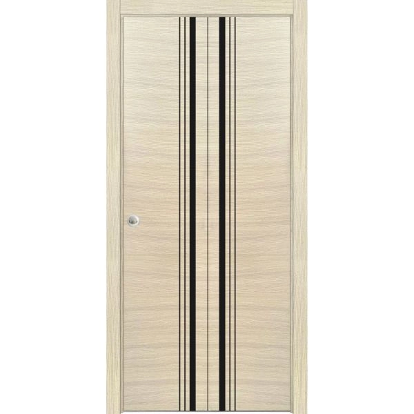Sliding Closet Bi-fold Doors | Planum 0011 Natural Veneer and Aluminum Strips | Sturdy Tracks Moldings Trims Hardware Set | Wood Solid Bedroom Wardrobe Doors