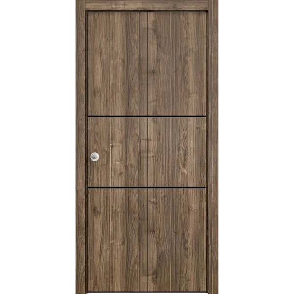 Sliding Closet Bi-fold Doors | Planum 0014 Walnut and Aluminum Strips | Sturdy Tracks Moldings Trims Hardware Set | Wood Solid Bedroom Wardrobe Doors