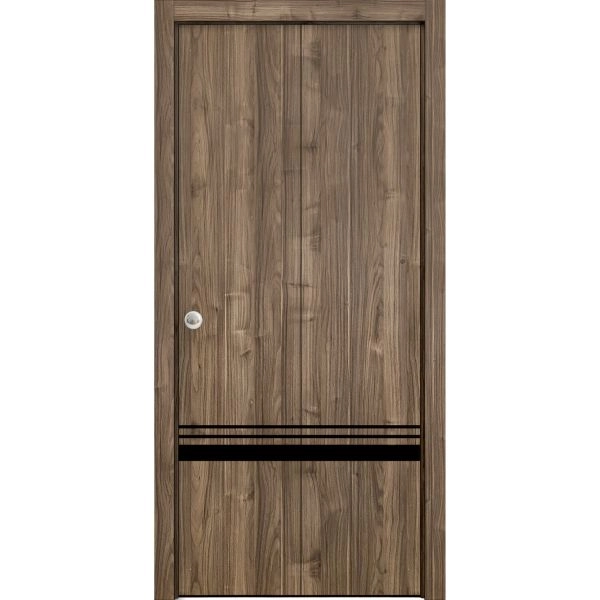Sliding Closet Bi-fold Doors | Planum 0012 Walnut and Aluminum Strips | Sturdy Tracks Moldings Trims Hardware Set | Wood Solid Bedroom Wardrobe Doors